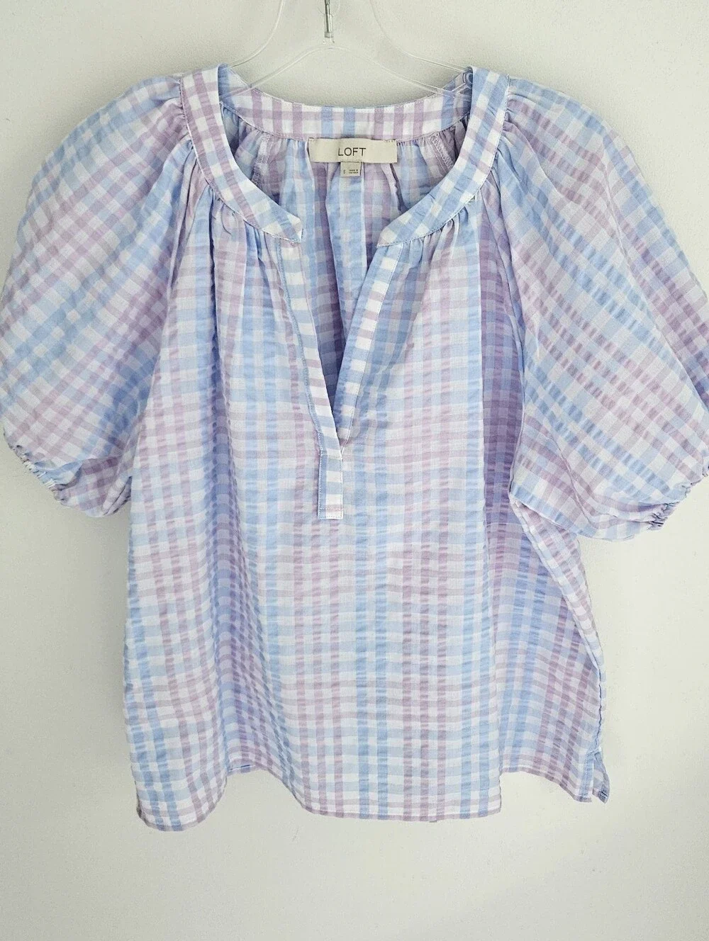 Loft Pastel Check Balloon Sleeve Blouse Blue And Lavender